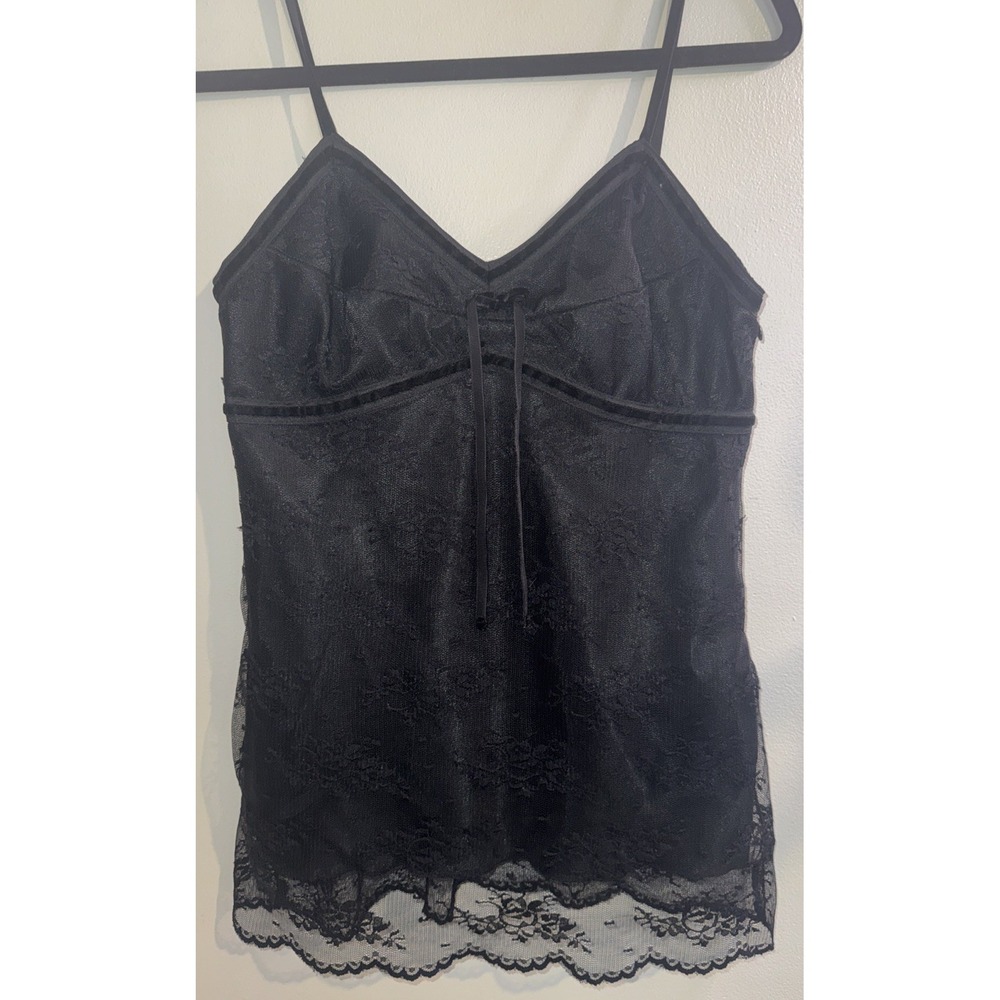 Vtg Y2K Black Lace Babydoll Camisole Top Velvet Trim Floral Scalloped Hem XS 0/2